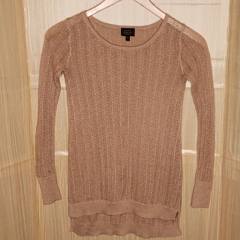 Frenchi Womens Tan Open Knit Sweater With Gold Sparkle Small